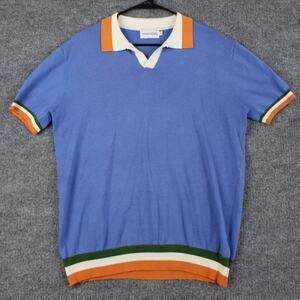 Oxknit Polo Mens Large Blue Knit Shirt Contrast Collar Striped Casual Mod Preppy